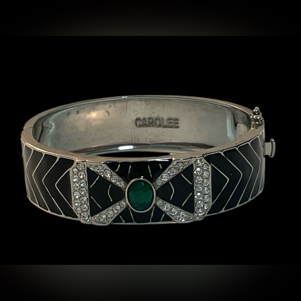 CAROLEE  Art Deco Style Signed Hinged Bangle Bracelet Black Enamel Green Stone